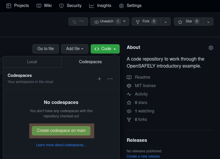 A screenshot showing the "Create codespace on main" button.